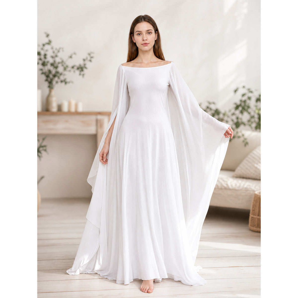 White Dress with a Square Neckline and Wide Sleeves lifestyle view