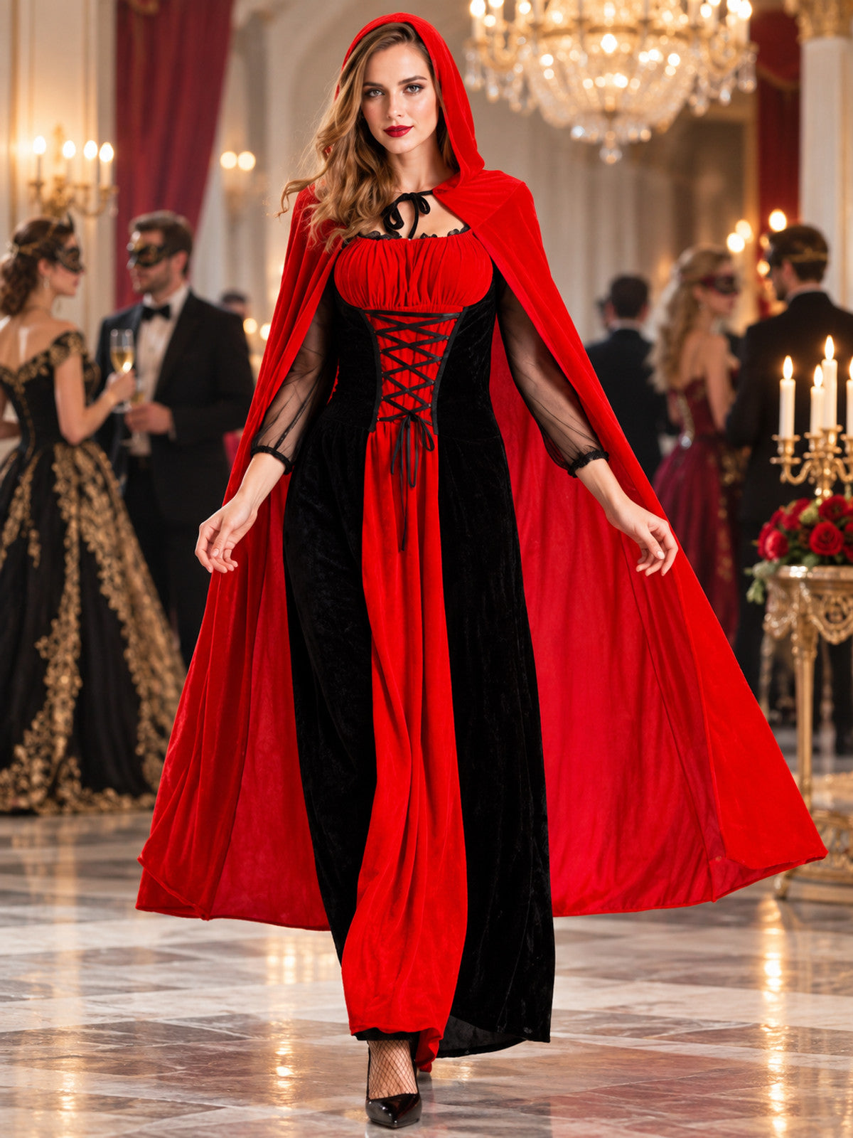 Red and Black Vampire Costume with Cape and Dress