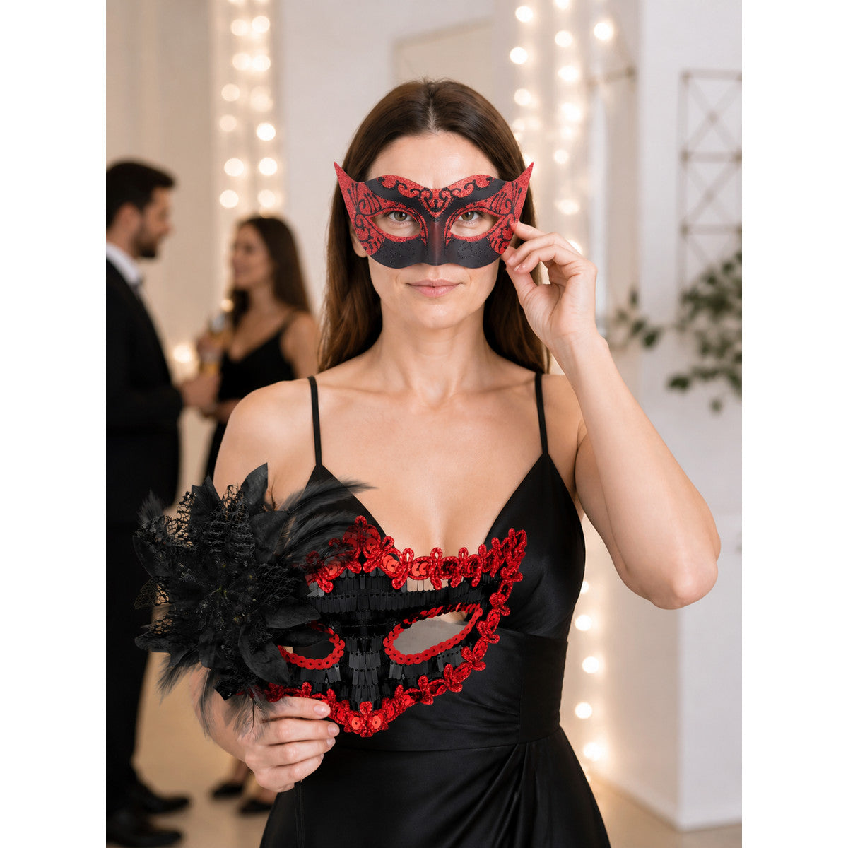 Red and Black Carnival Mask for Halloween and Cosplay lifestyle view