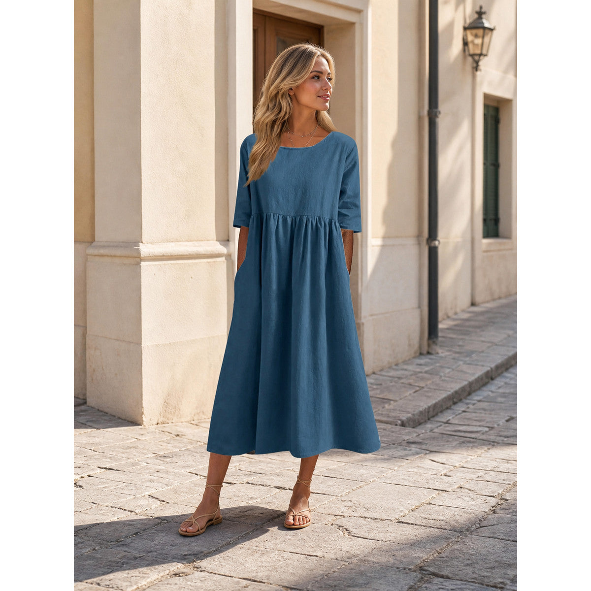 Long A-line dress with a round neckline and pockets lifestyle