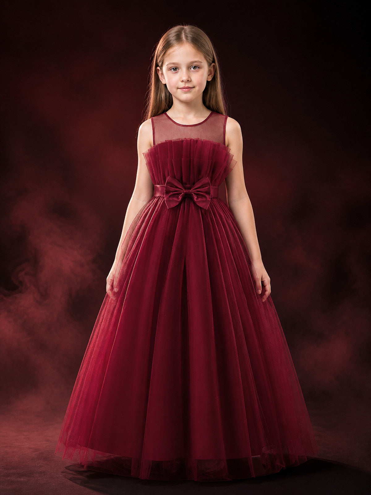 Girls' Maroon Long Flower Girl Princess Dress, Layered Tulle Skirt and Bow main product view