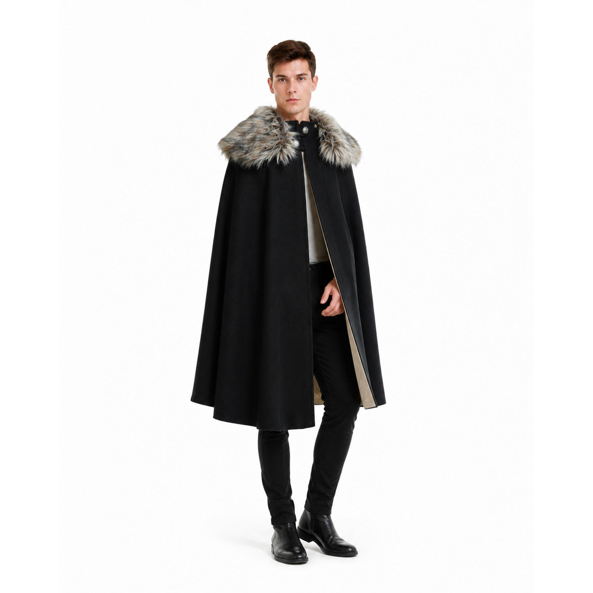 Long Cloak with Fur Collar and Buttons Costume Capes detail