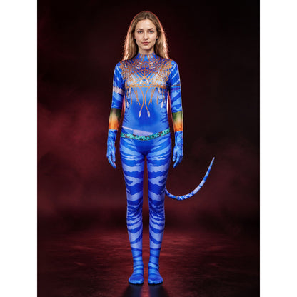 Women's Avatar 2 Costume Bodysuit with Tail, Blue and Orange Print for Halloween lifestyle