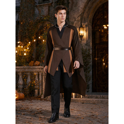 Medieval Character Cosplay Costume Set, 4-Piece Brown Cape, Black Inner Garment, Belt And Pants, Role Play Stage Outfit