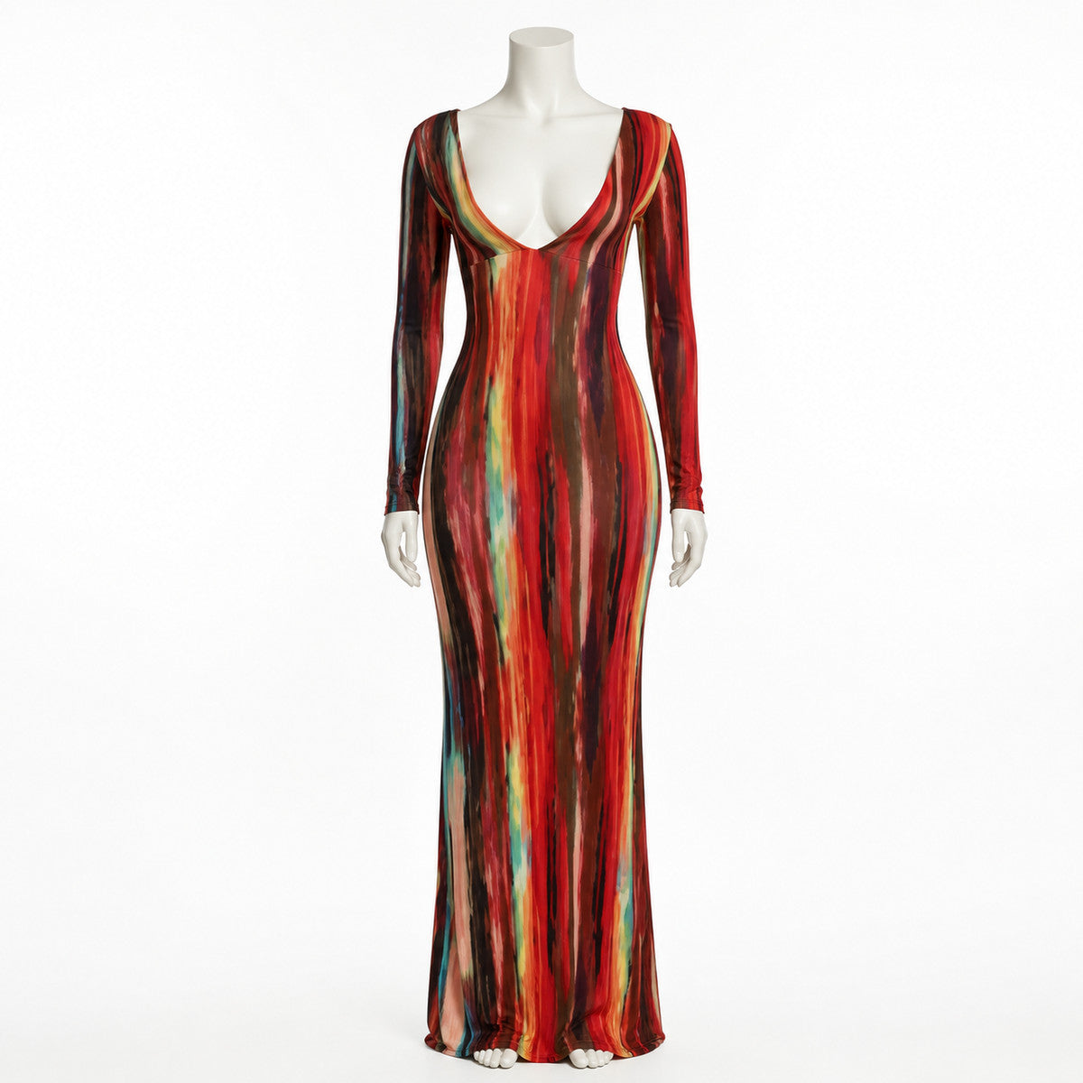 Long-Sleeve Red Fishtail Dress with V-Neck, Fitted Bodice, and Color-Blocked Costume Dresses detail
