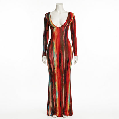 Long-Sleeve Red Fishtail Dress with V-Neck, Fitted Bodice, and Color-Blocked Costume Dresses detail