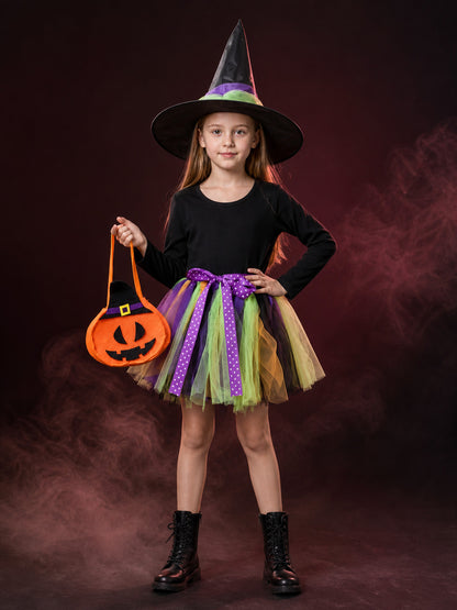 Kids' Halloween Witch Costume Set, Long Sleeve Top, Layered Skirt, Hat and