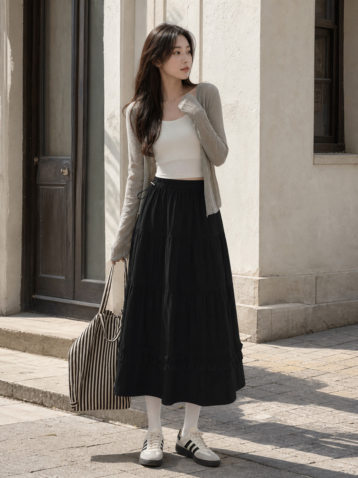Long Black A-Line Skirt with Tiered Pleats