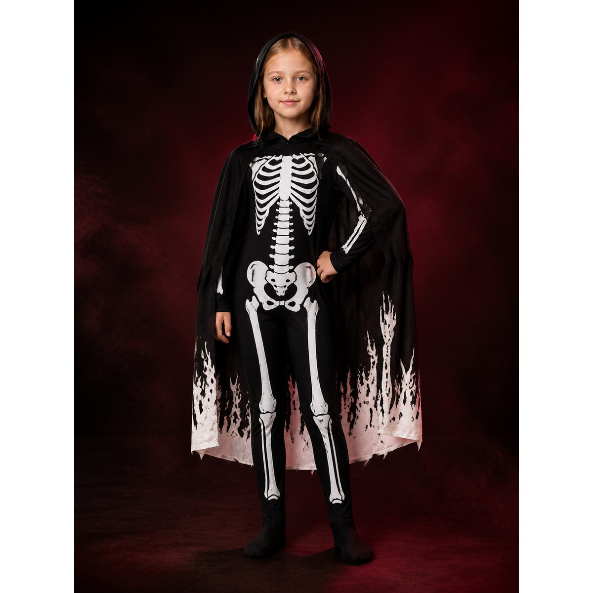 Unisex Glow In The Dark Skeleton Hooded Bodysuit Costume Set With Tattered Robe main product view