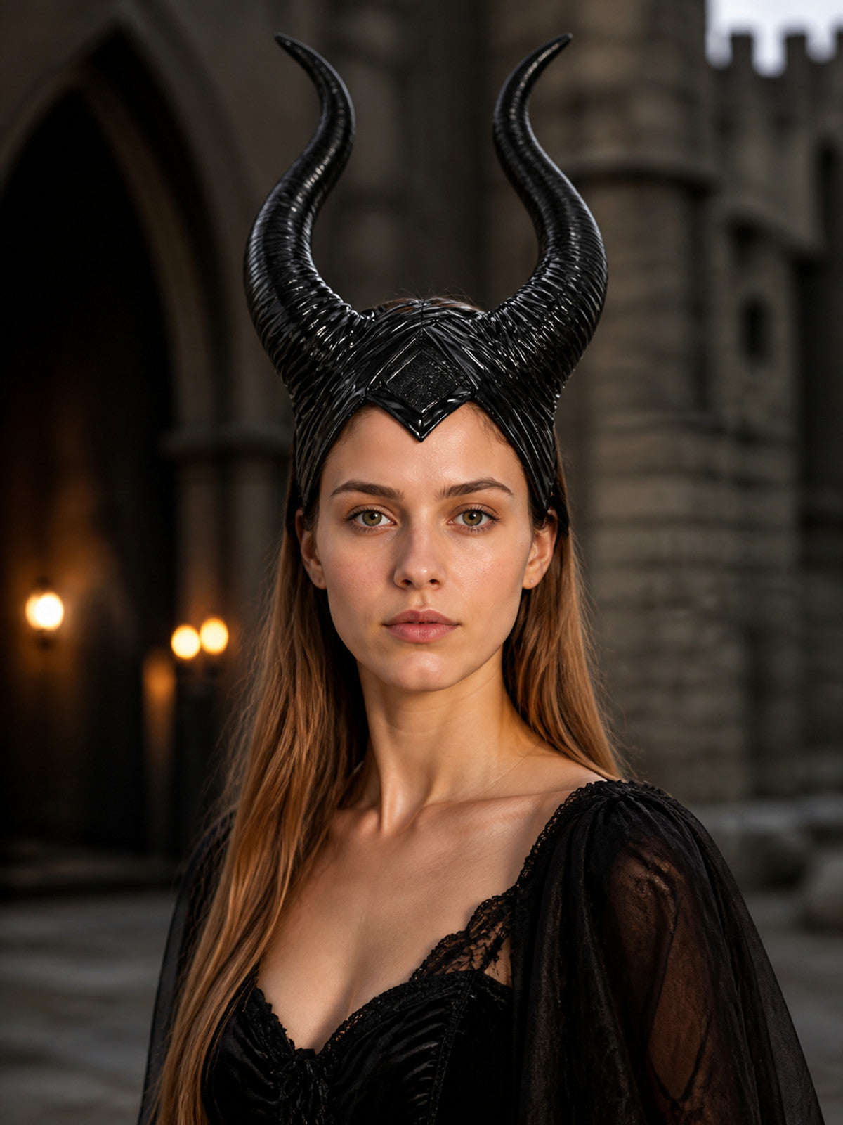 1pc Black Horn Headpiece with Striped Texture, Symmetrical Curved Horns detail view 3