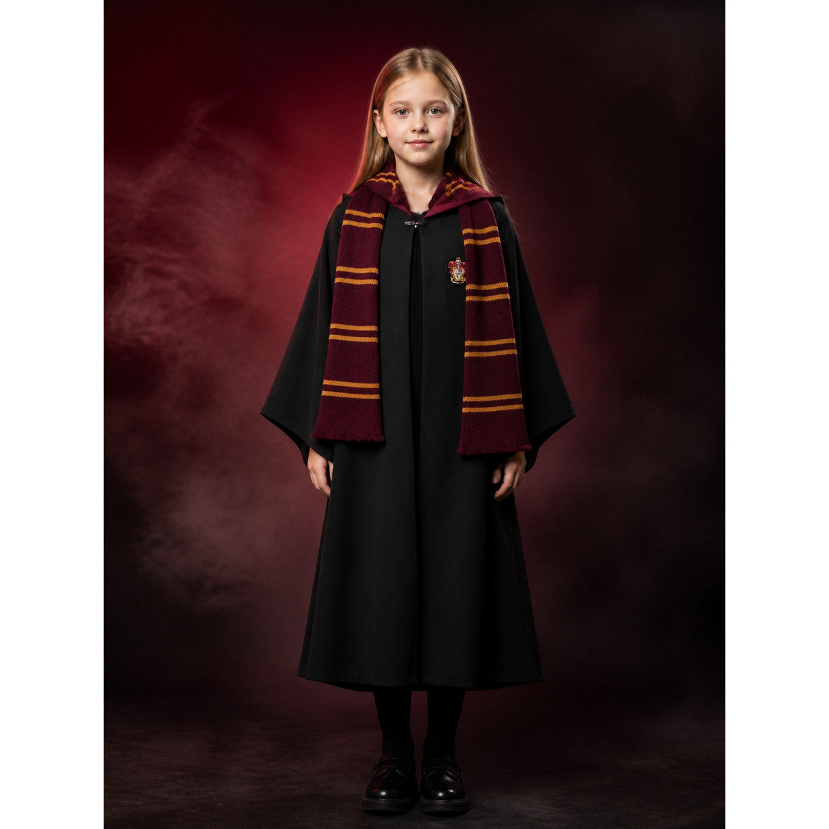 Kids Wizard Robe Costume Set with Striped Scarf, Black, Red and Gold main product view