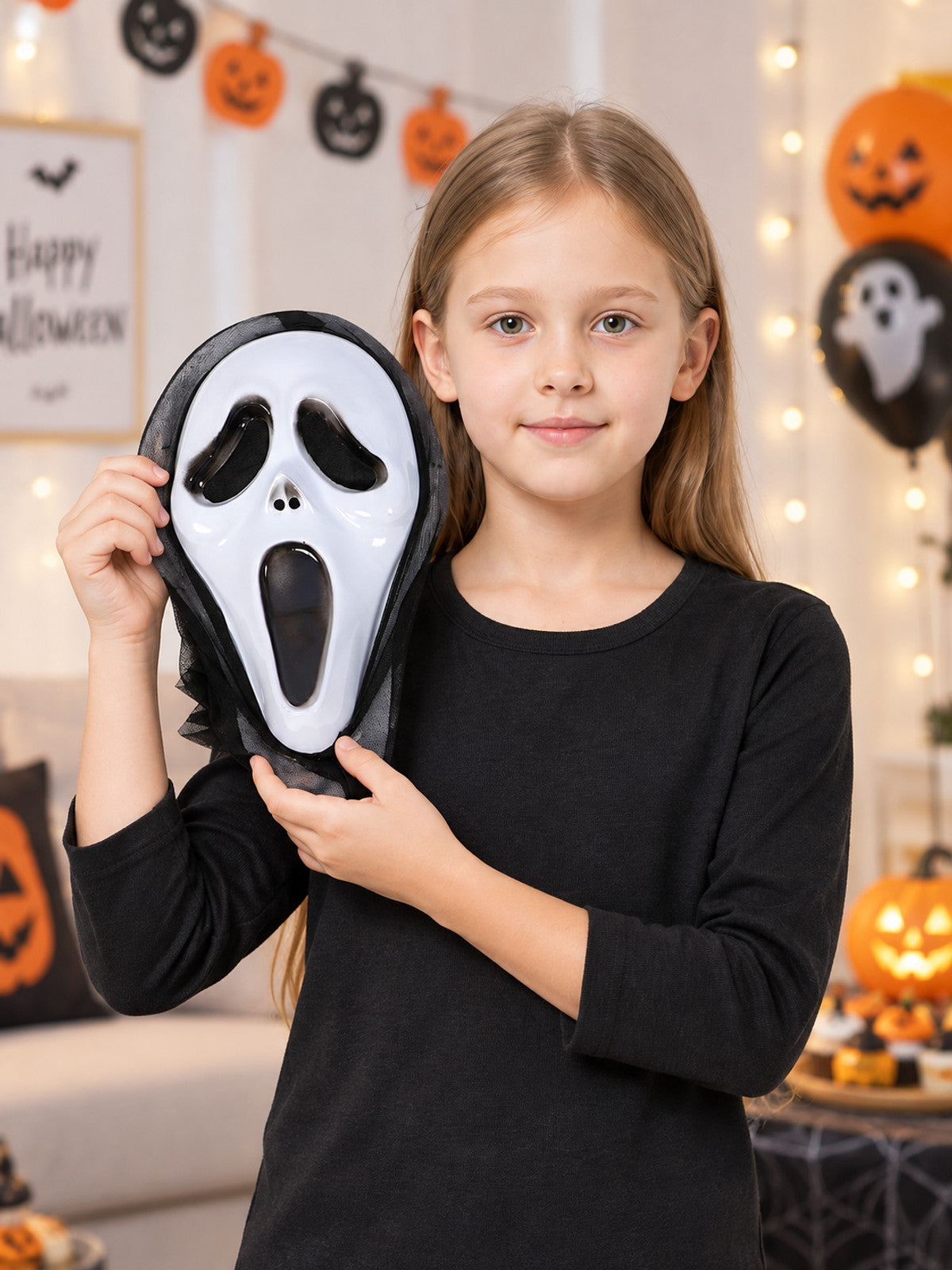 White Halloween Mask with Black Mesh Cape
