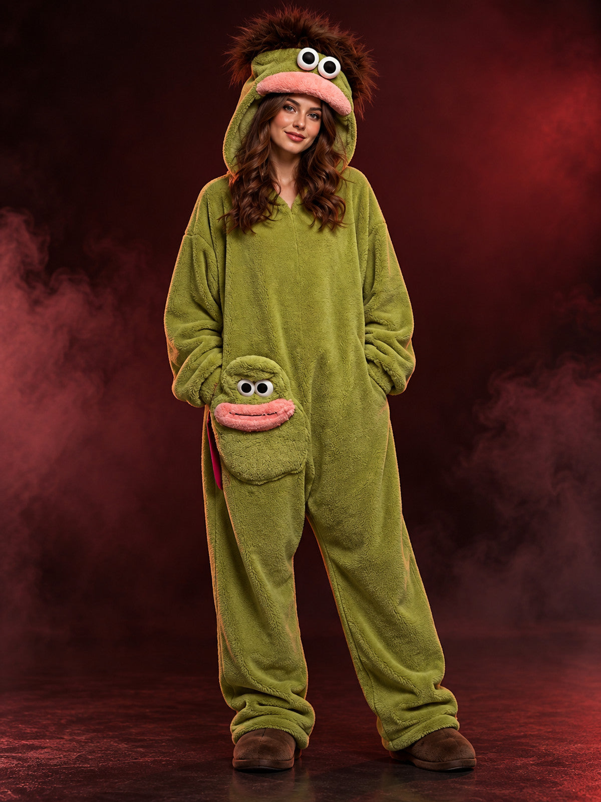 Insulated Olive Green Cartoon Pajama Jumpsuit
