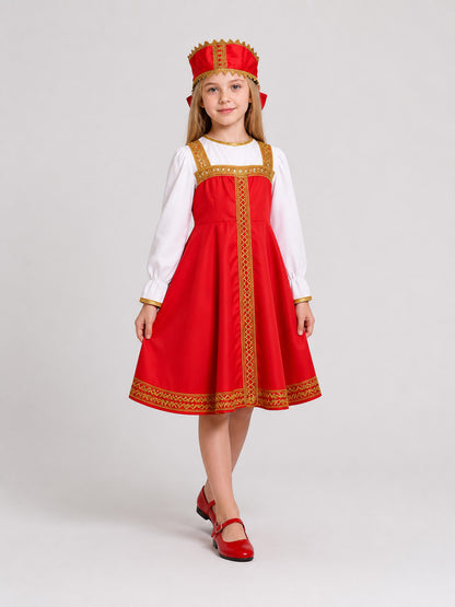 Russian Folk Costume with Headwear, Red and White