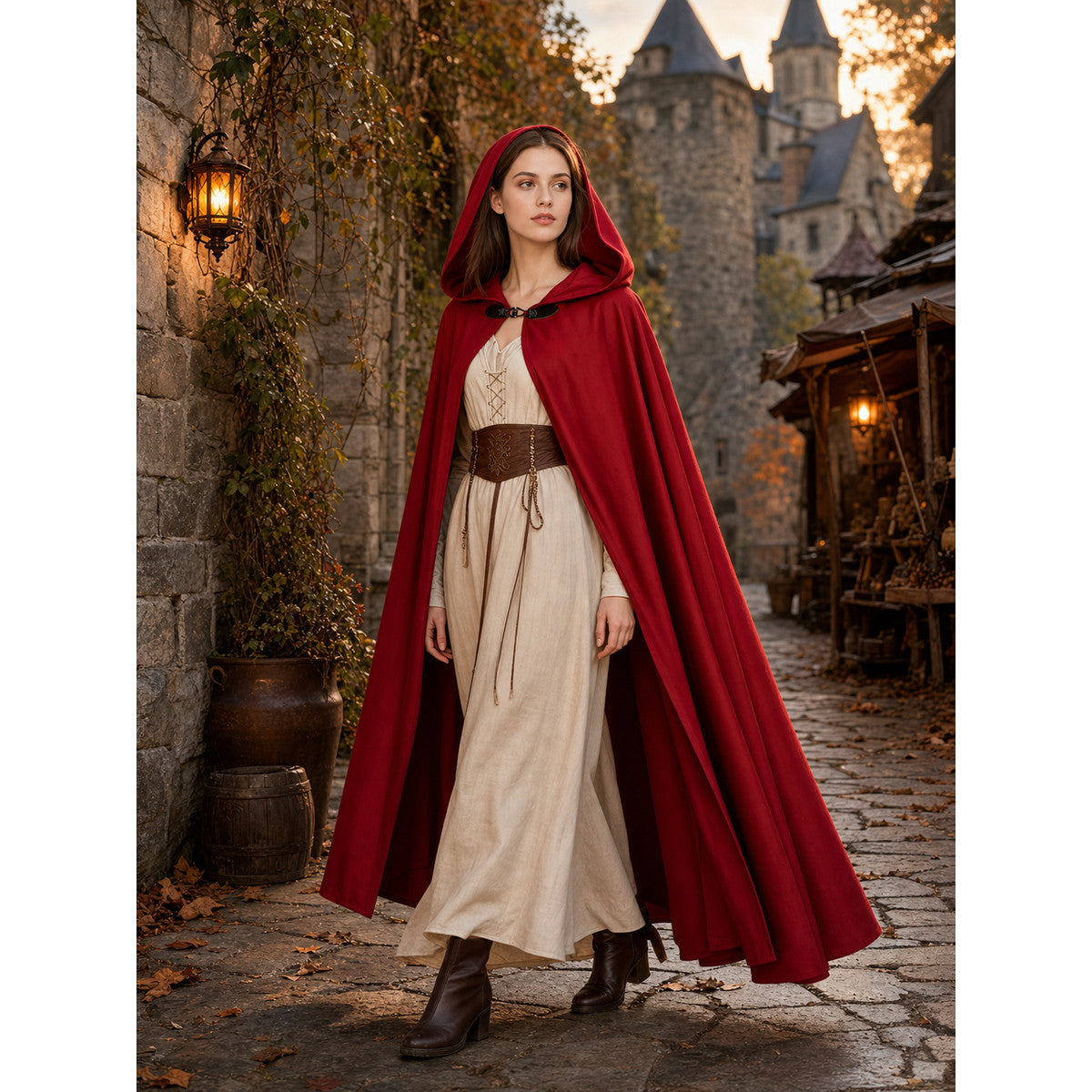 Red hooded cloak with a draped cape shape, shown on a model in a medieval-style outdoor street with a cream dress