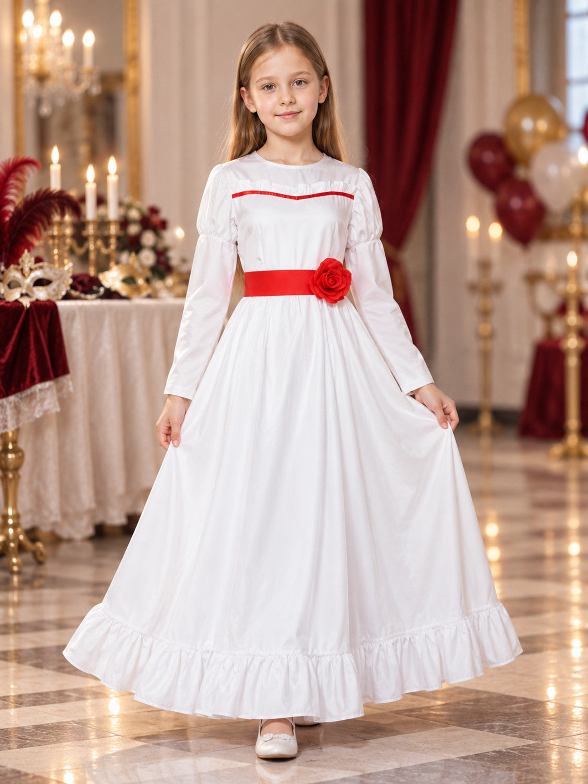 White Cosplay Dress with Red Rose lifestyle view