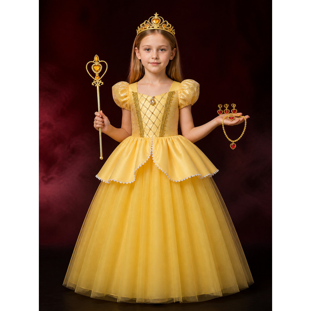 Girls Yellow Princess Sequin Tulle Dress Costume Set with Crown and Magic Wand main product view