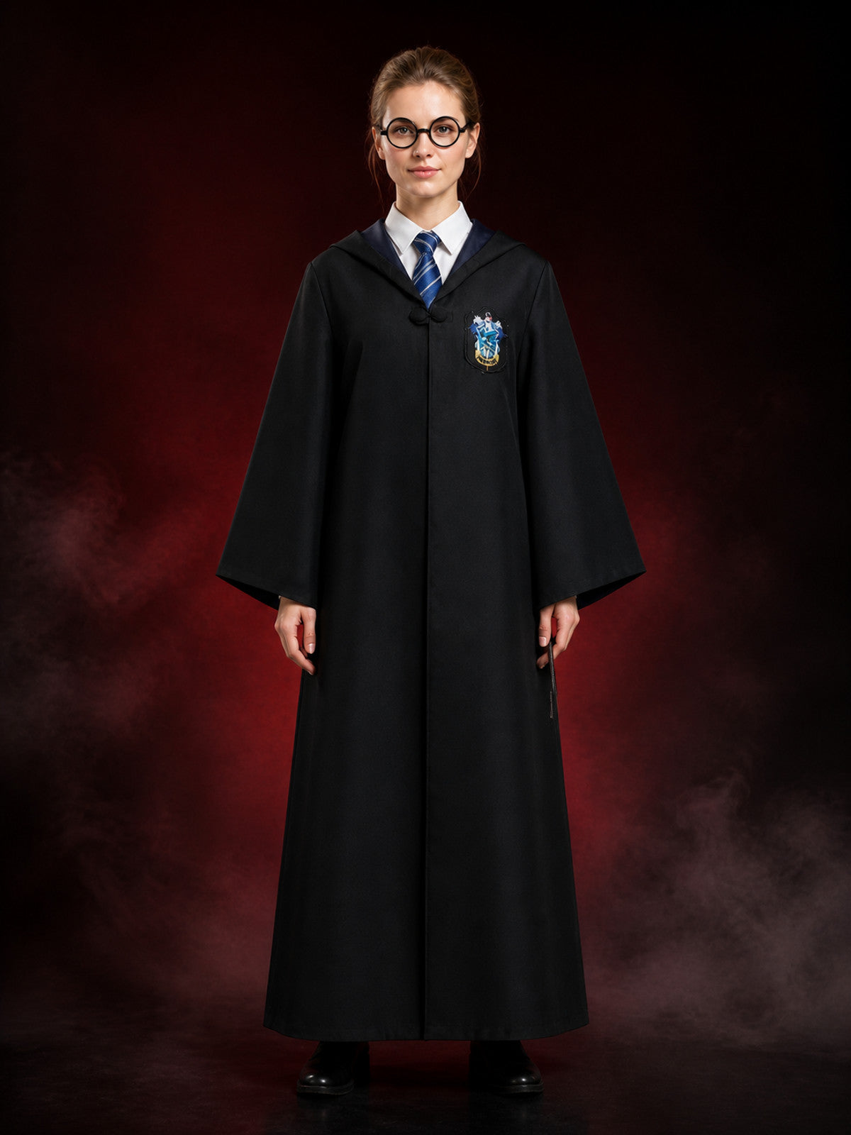 Wizard Costume Set With Hooded Robe, Striped Tie And Round Glasses main product view