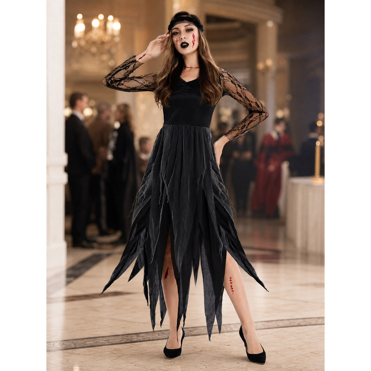 Gothic Cosplay Dress with a Torn Skirt