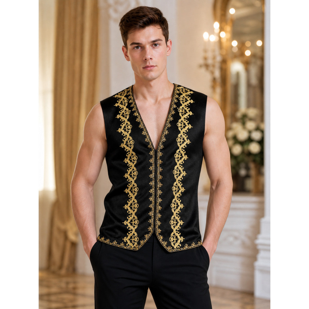Black sleeveless vest with gold trim lifestyle