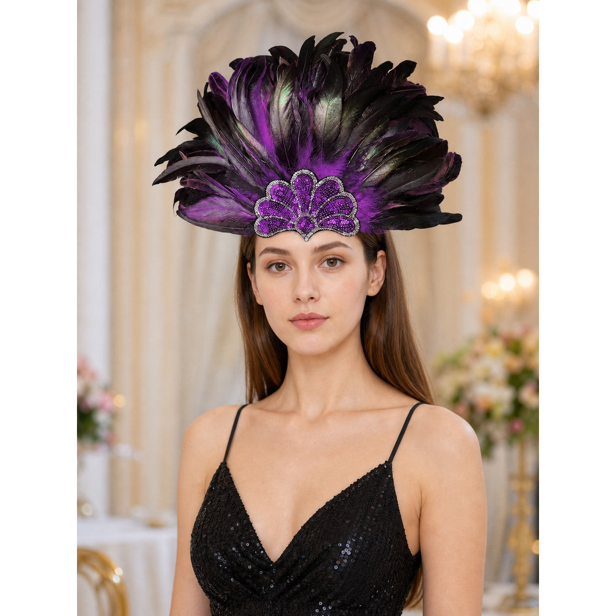 Carnival Headpiece with Purple Feathers lifestyle