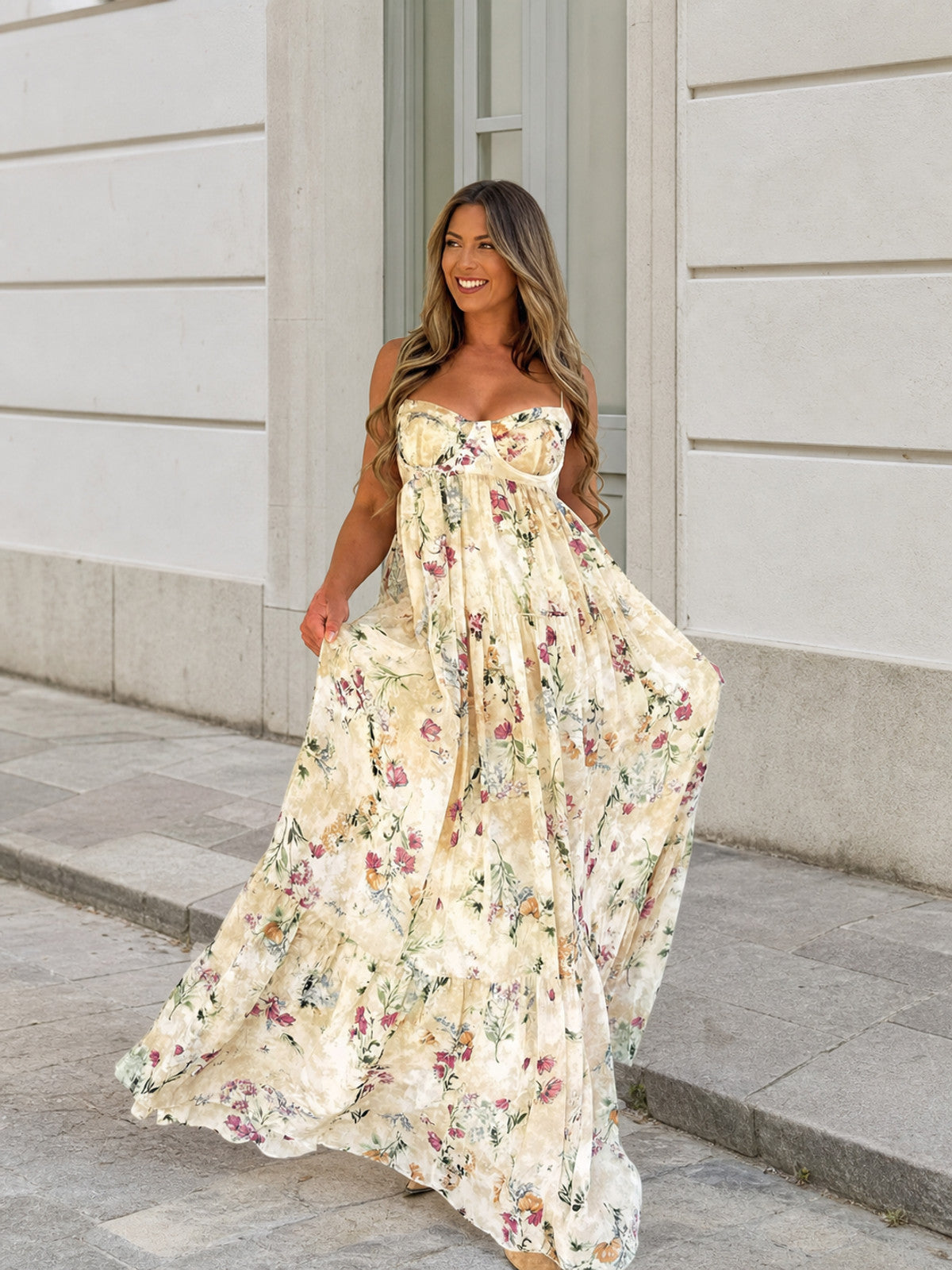Women's Long Floral-Print Pleated Dress