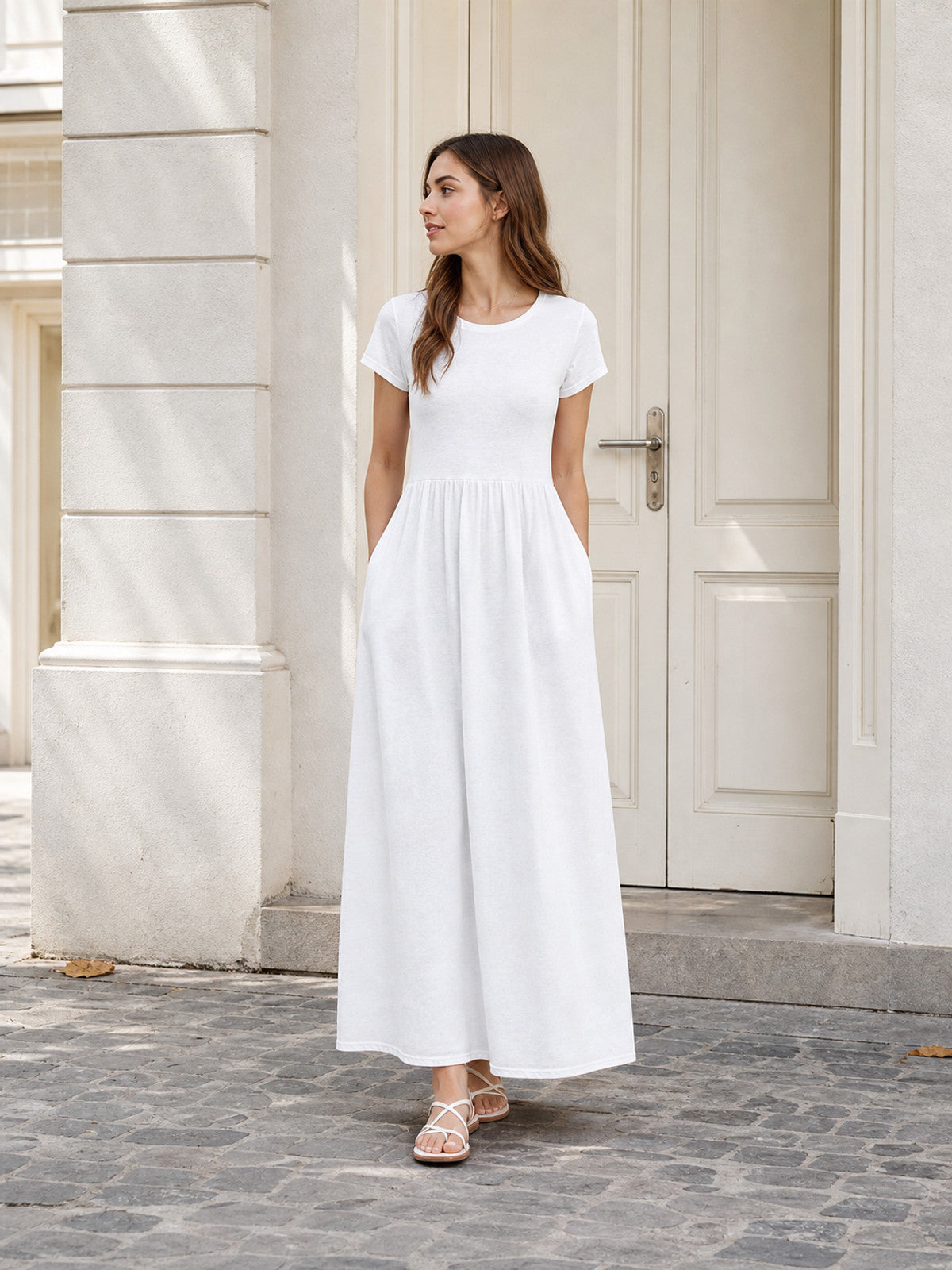 Women’s White Long Dress with Short Sleeves product detail