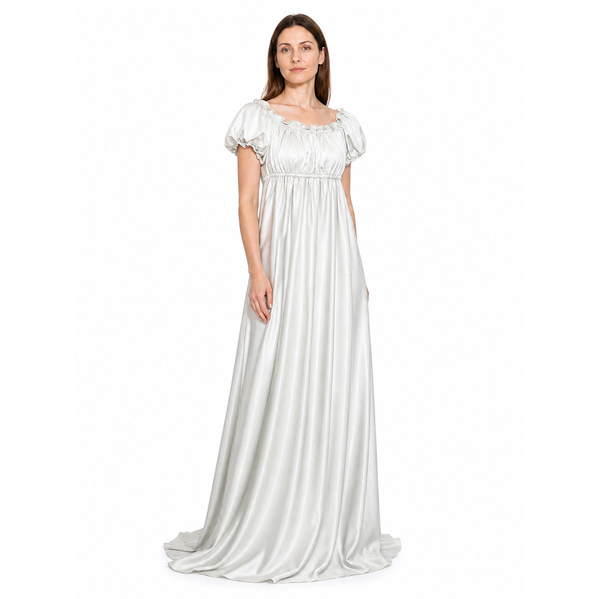 White Long Dress with Train and Puff Sleeves Costume Dresses detail