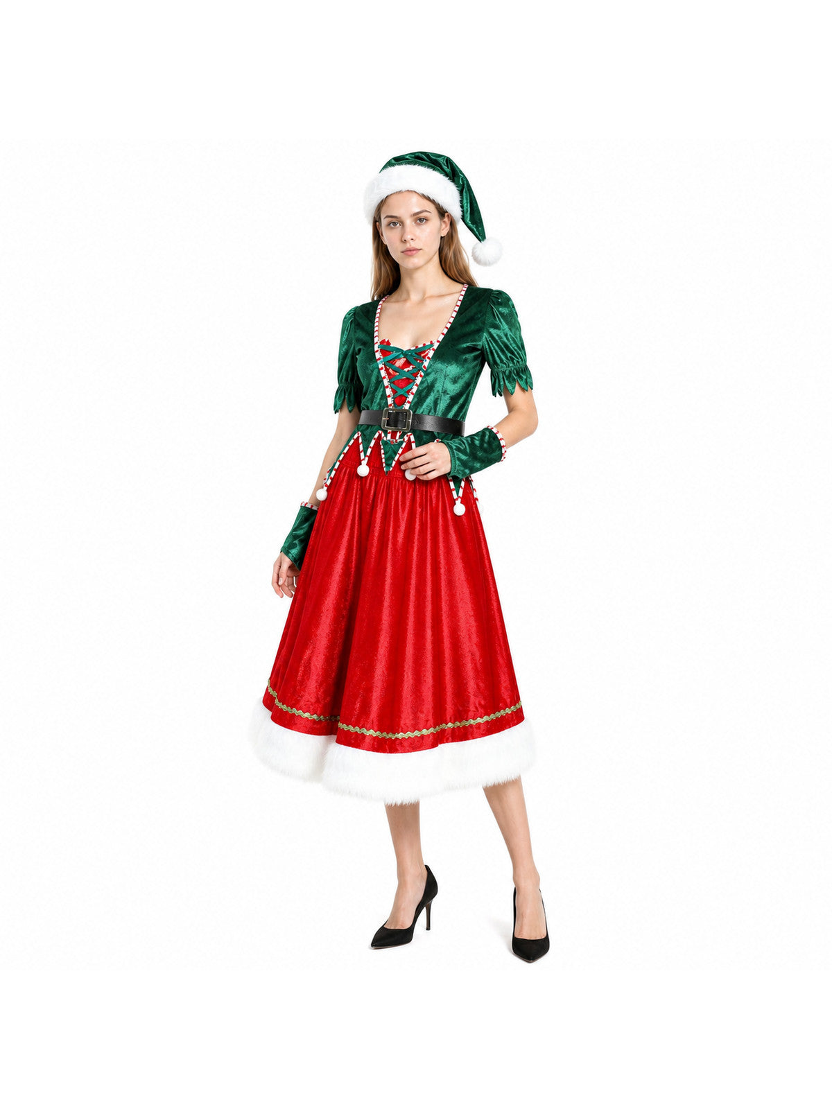 Red and Green Christmas Costume with Dress and Hat Costume Dresses detail
