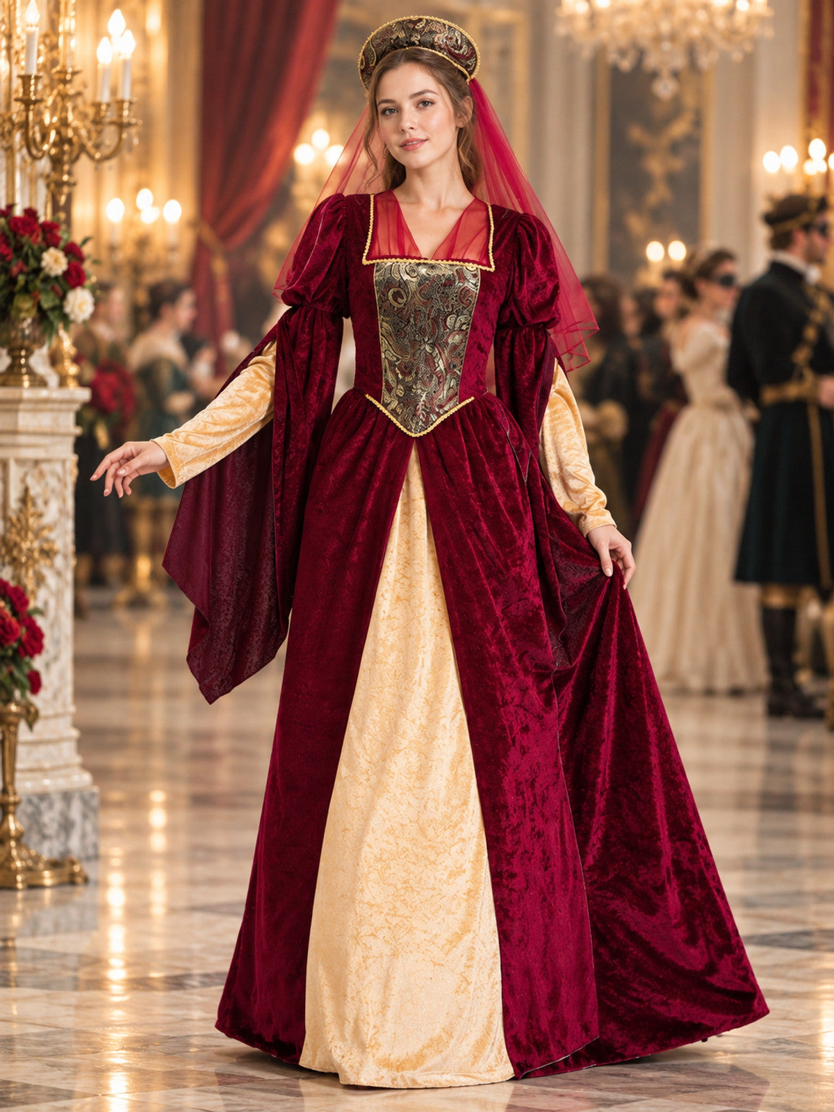 Medieval Costume with Long Dress and Headpiece