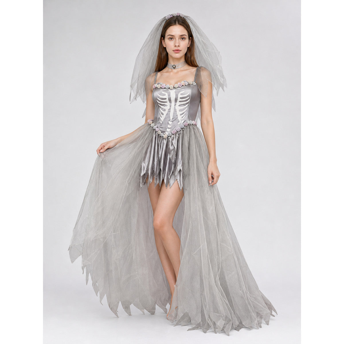 Gothic Skeleton Costume Dress for Halloween on-model front view