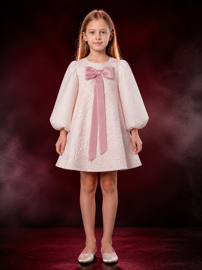 Girls' White Princess Dress with Pink Bow, Long Sleeve Rose Textured Toddler main product view