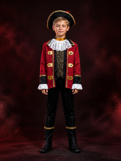 Kids Pirate Captain Costume Set, Red Coat with Gold Trim, Tricorn Hat, and