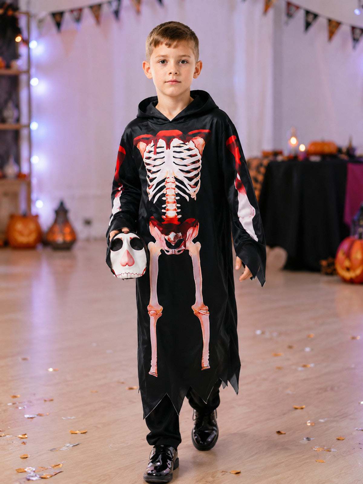 Children’s Grim Reaper Costume with Hood and Skeleton Print lifestyle view