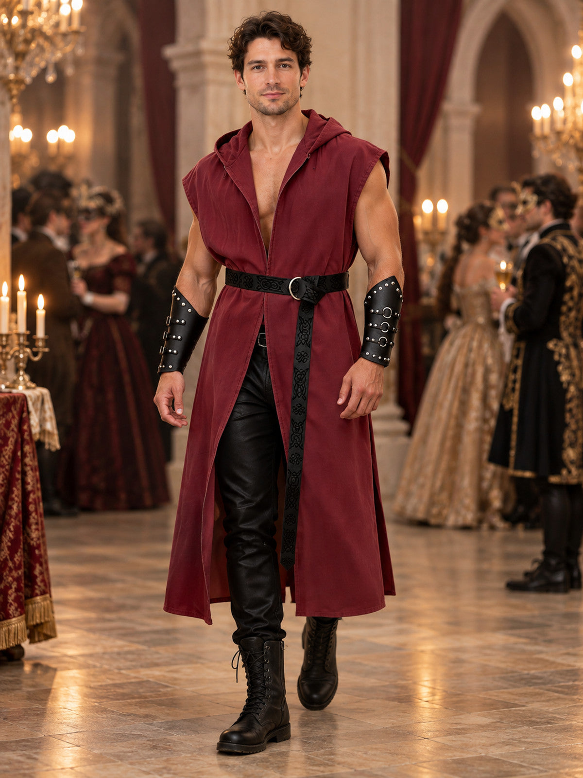 Long Burgundy Hooded Sleeveless Cape