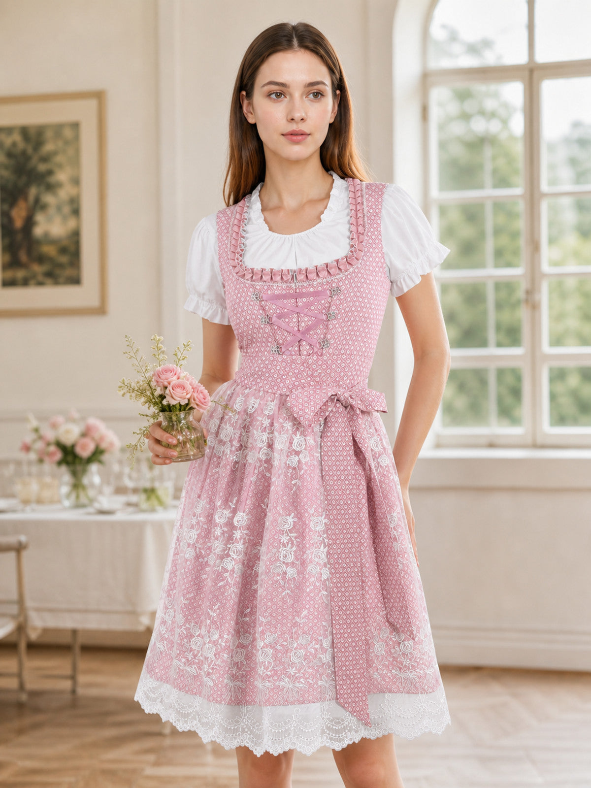 Pink and White Dirndl-Style Dress with Embroidery