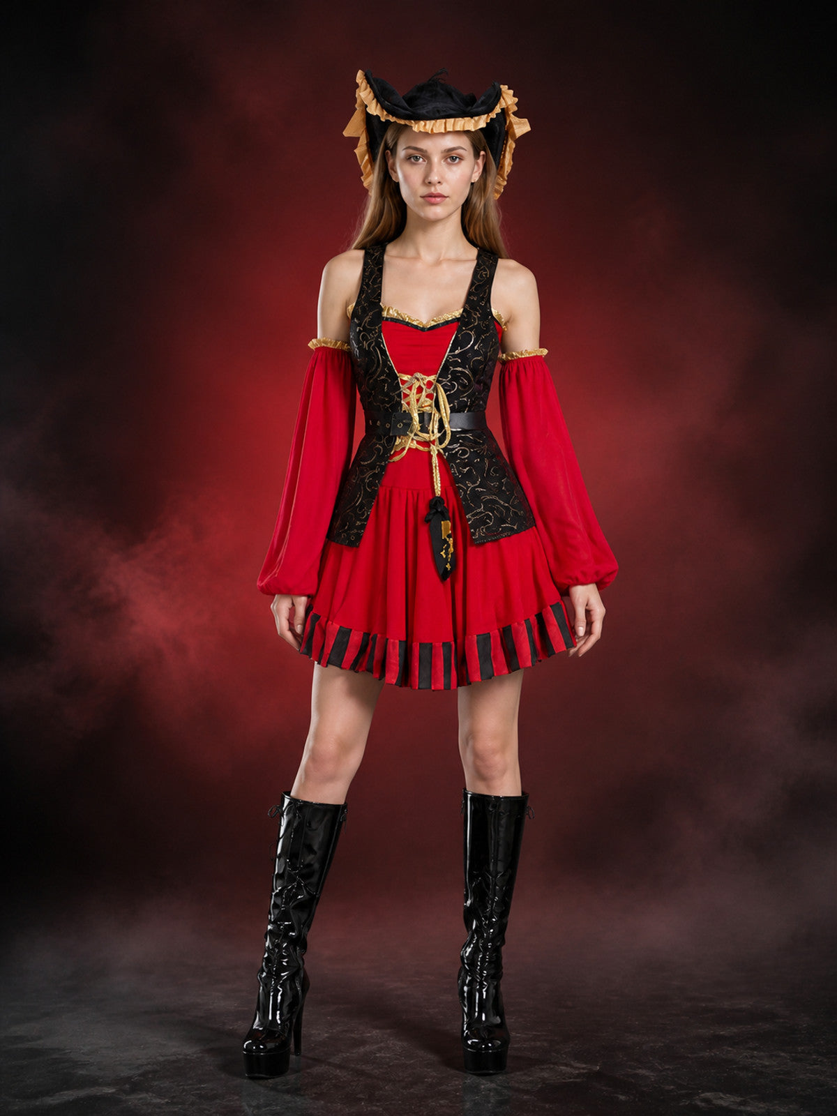 Pirate Halloween Costume Set, Red Black Gold Dress with Hat and Sleeves