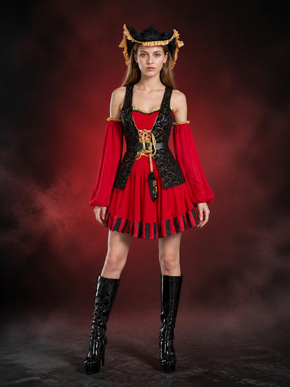 Pirate Halloween Costume Set, Red Black Gold Dress with Hat and Sleeves