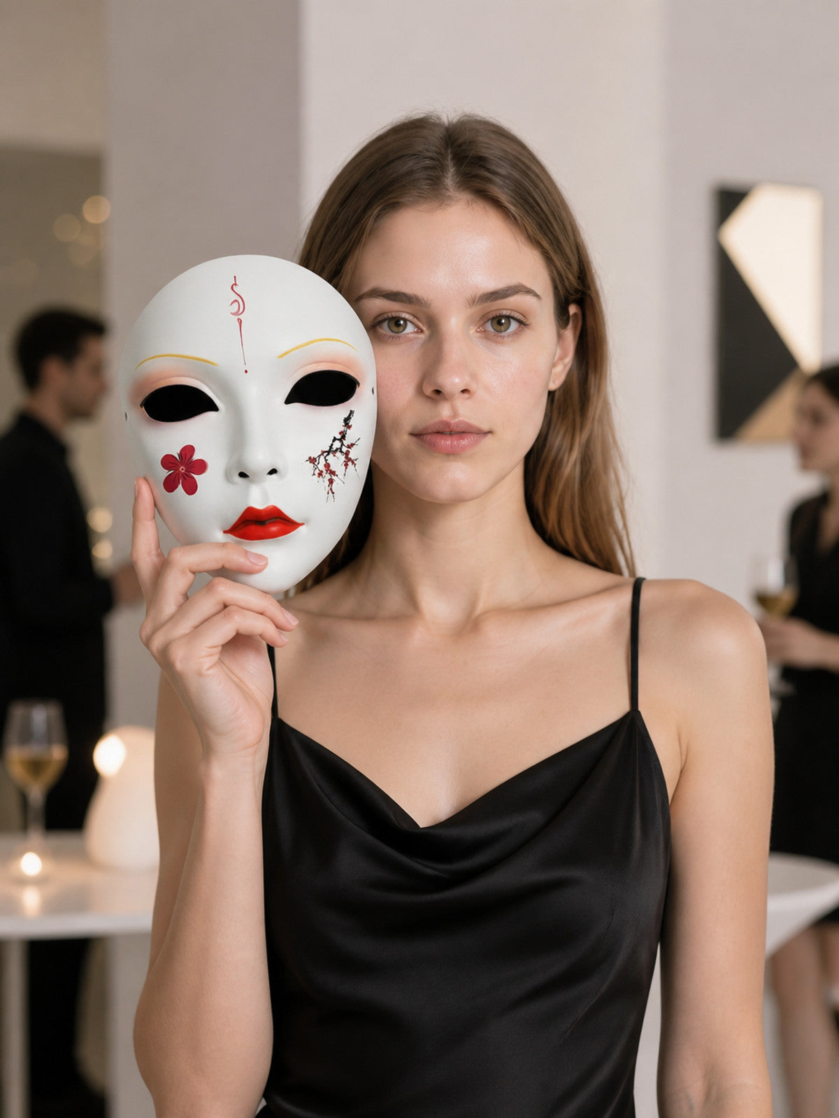 White Japanese-Style Carnival Mask for Cosplay lifestyle view