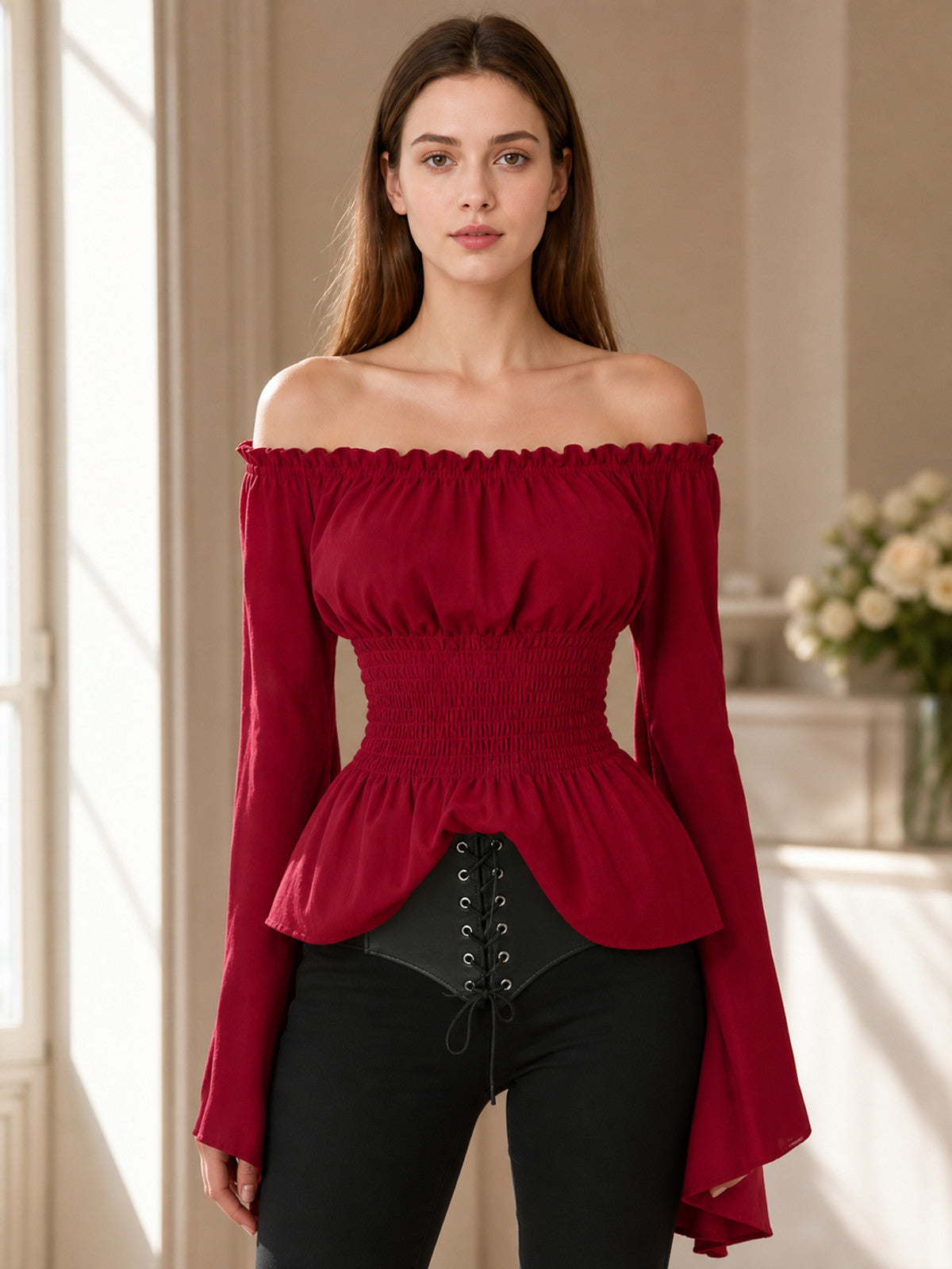 Red Off-the-Shoulder Top with Belt lifestyle view