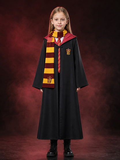 Black Wizard School Robe Costume Set, Long Hooded Cape with Burgundy and Gold main product view