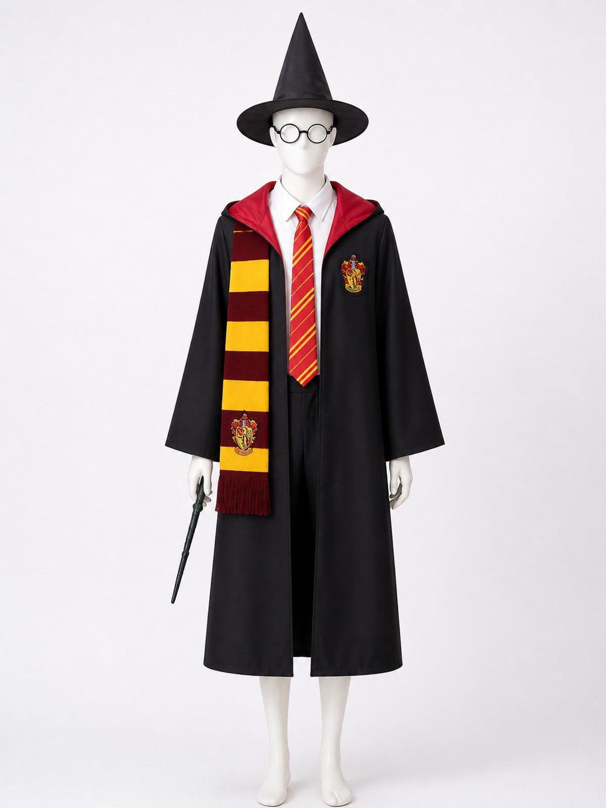 Wizard Robe Costume Set, Hooded Long Cloak With Scarf, Hat, Glasses, Wand, Tie & main product view
