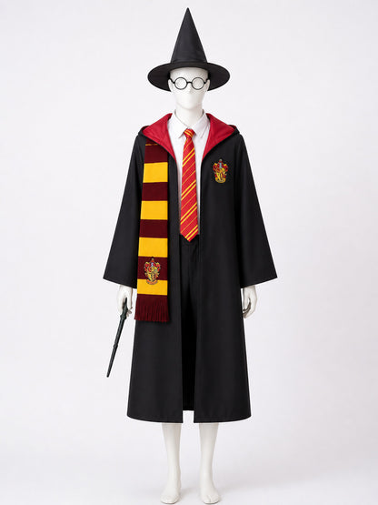 Wizard Robe Costume Set, Hooded Long Cloak With Scarf, Hat, Glasses, Wand, Tie & main product view