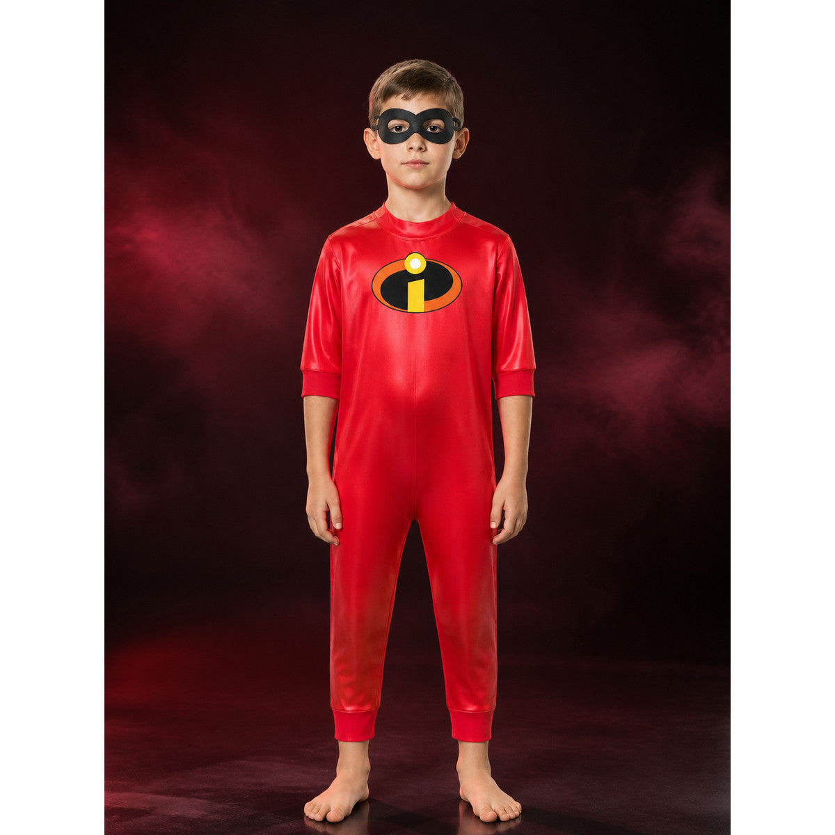Kids Superhero Costume Set, Red Long Sleeve Jumpsuit with Black Eye Mask and main product view