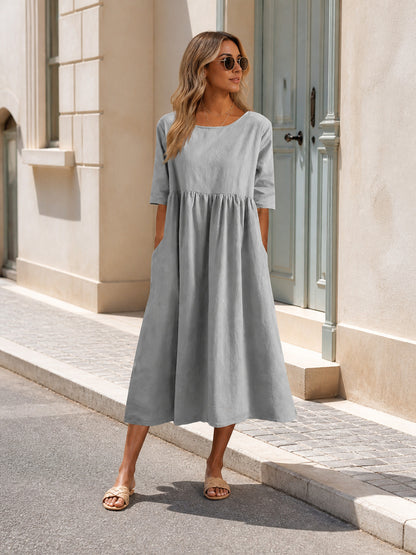 Long Gray Dress with 3/4 Sleeves and an A-Line Silhouette