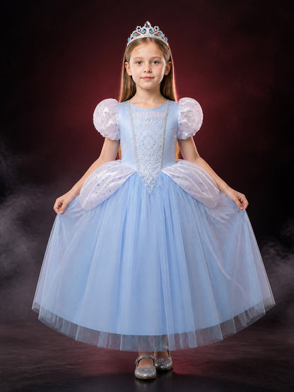 Girls Cinderella Princess Dress Costume with Crown, Puffy Sleeves and Tutu Skirt main product view