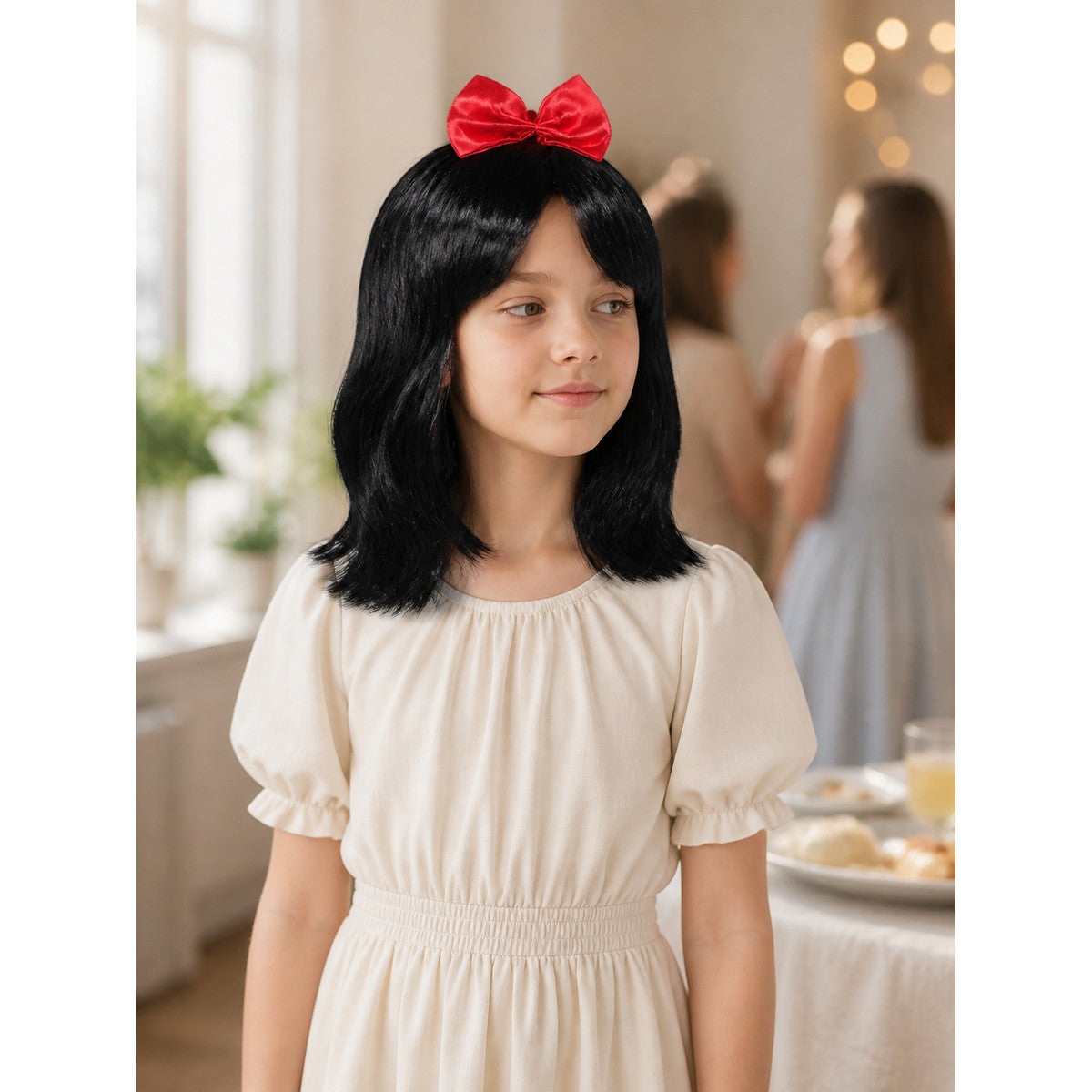 Black Carnival Wig with Red Bow for Halloween lifestyle view