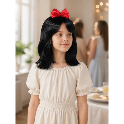 Black Carnival Wig with Red Bow for Halloween lifestyle view
