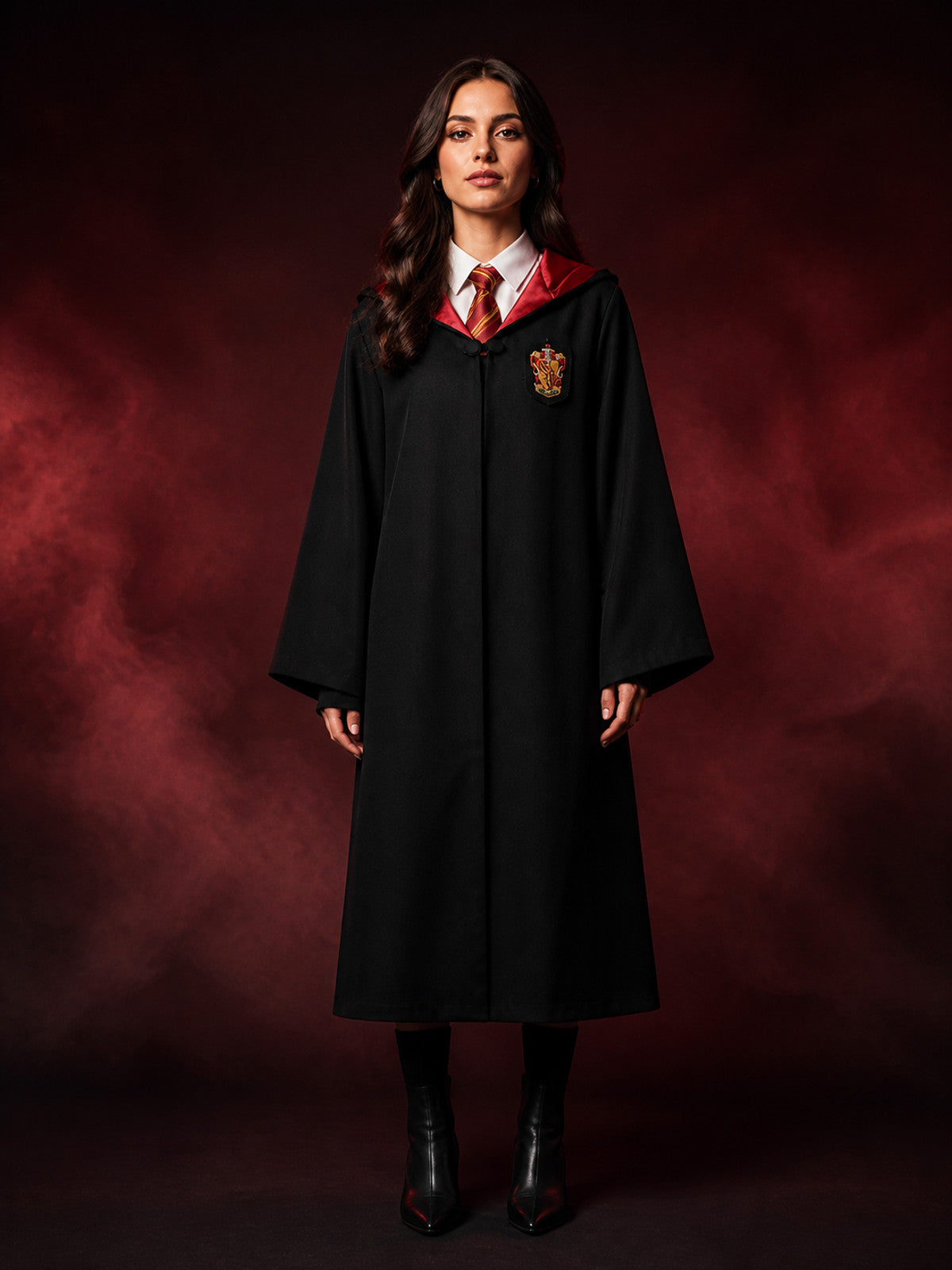 Wizard Robe Costume Set, Hooded Long Cape with School Crest and Red Gold Striped