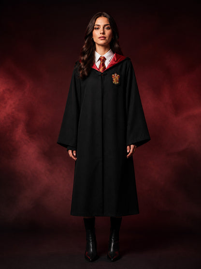 Wizard Robe Costume Set, Hooded Long Cape with School Crest and Red Gold Striped